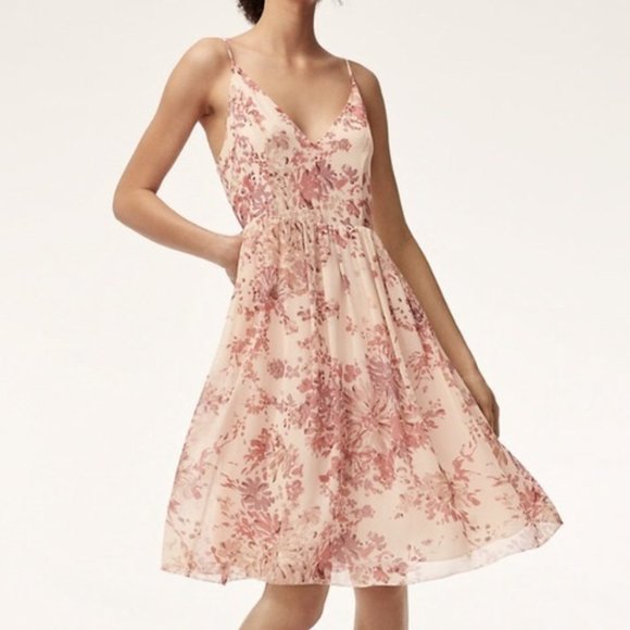 Aritzia Wilfred Sakura Dress Floral Knee Midi Length Straps Pink Cream Size 4 - Picture 1 of 9